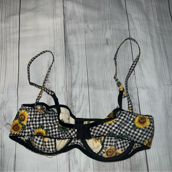 VINTAGE 80s 90s Woolite Sunflower Checkered Gingham Bra 34C - Picture 2 of 3